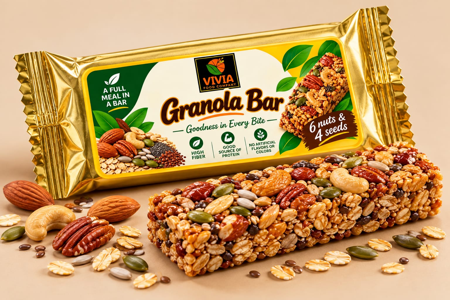 Vivia Granola Bar in its gold wrapper, beside an unwrapped bar