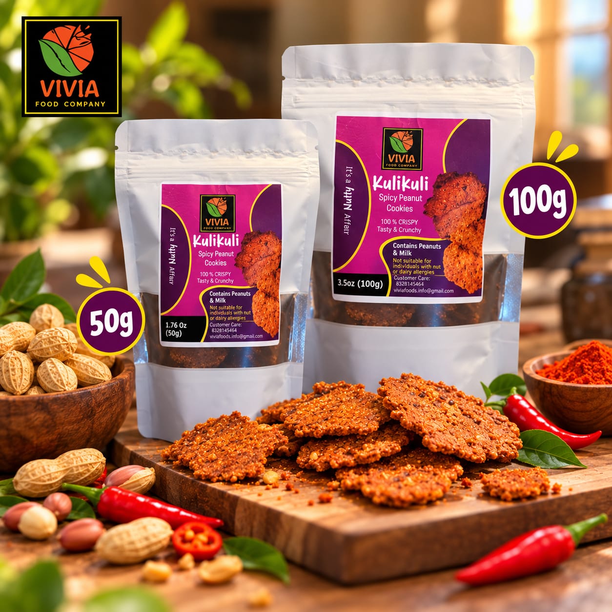 Vivia Kulikuli spicy peanut cookie pouches with the spices they are made from