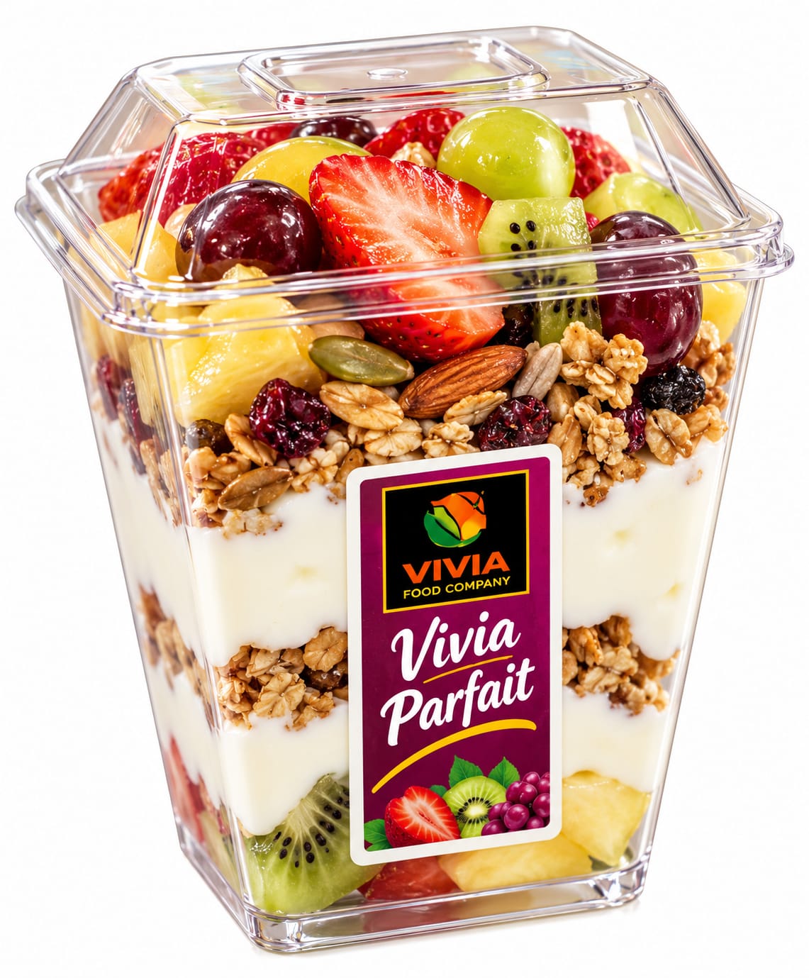 Vivia Parfait cup with layered yogurt, granola and fresh fruit